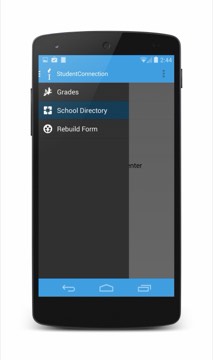 The StudentConnection navigation drawer: Grades, School Directory, Rebuild Form.