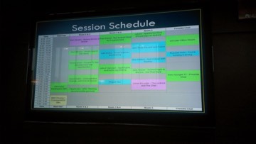The Big Android BBQ session schedule board.