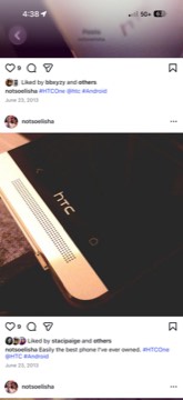 An Instagram post showing a gold HTC One M7, captioned 'Easily the best phone I've ever owned.'