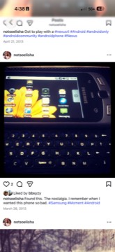 An Instagram post of a Samsung Moment slider phone, captioned about how badly I had wanted it.