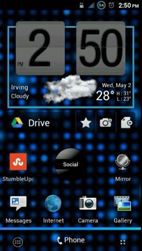 A blue themed Android home screen with the HTC flip clock and weather for Irving.