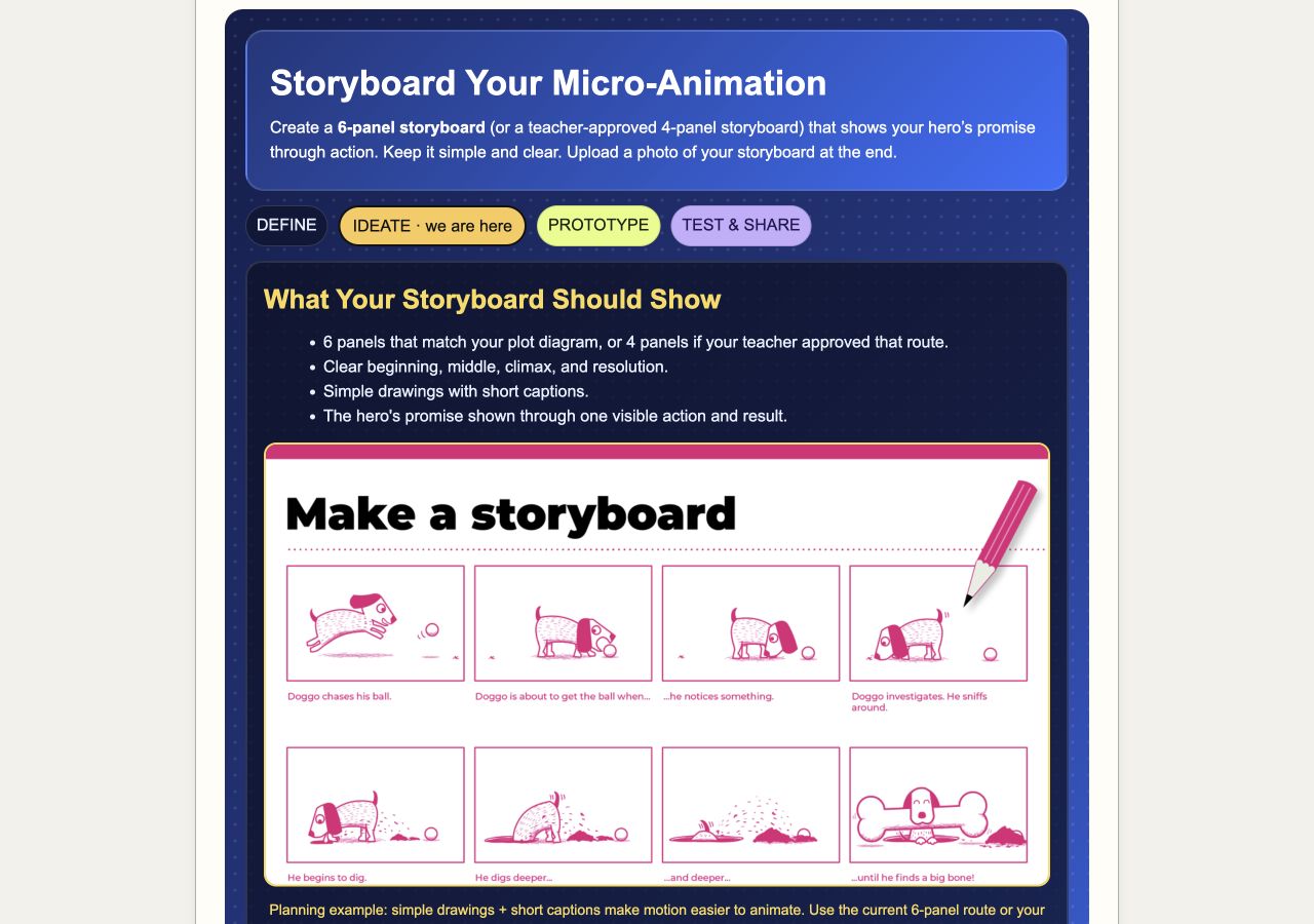 Superhero animation storyboard lesson with design steps, project expectations, and a worked storyboard example.
